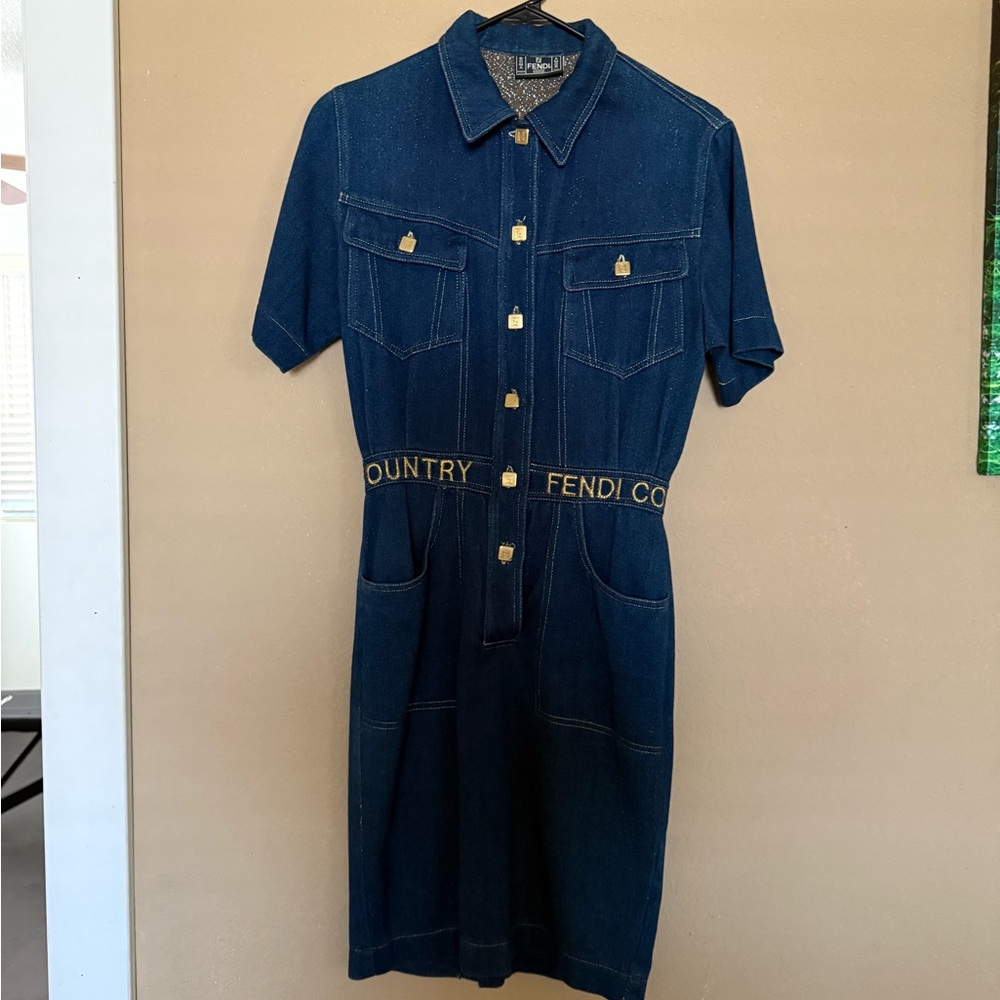 Vintage Fendi Blue and Gold Buttoned Sheath Midi Dress